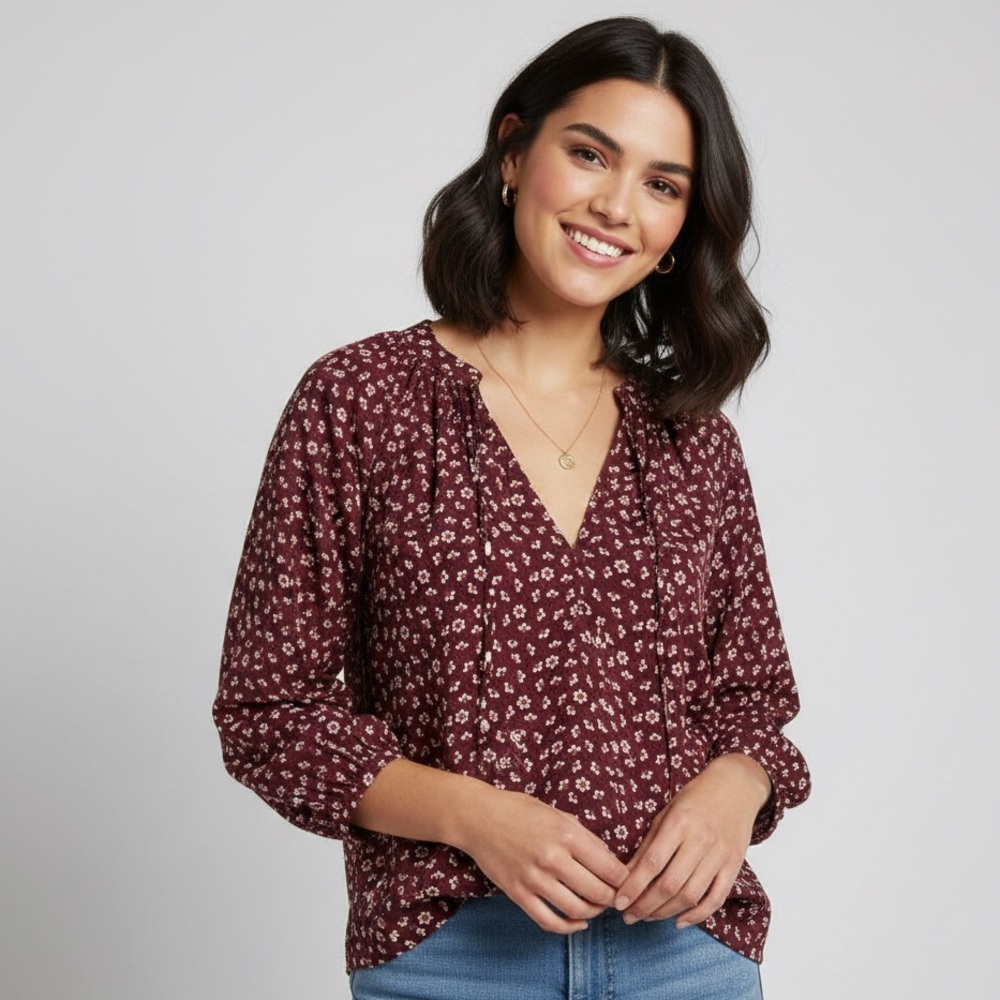 Boden Peasant Top US 8 R Womens Blouse Flowy Maroon Flower Dots Tie Neck